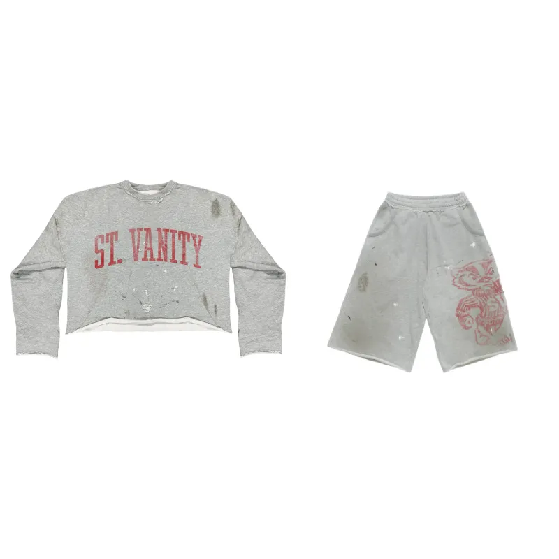 Saint Vanity Distressed Letter Long Sleeve Top & Graphic Shorts Set