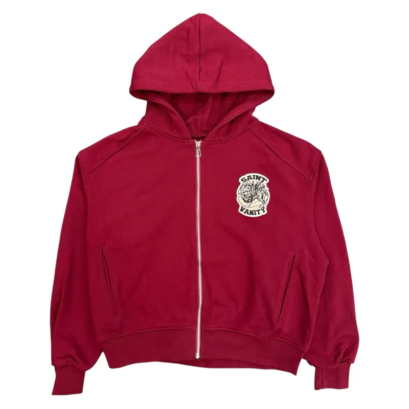 Saint Vanity Vintage Embroidered Burgundy Zip Hoodie & Sweat Shorts Matching Tracksuit Set