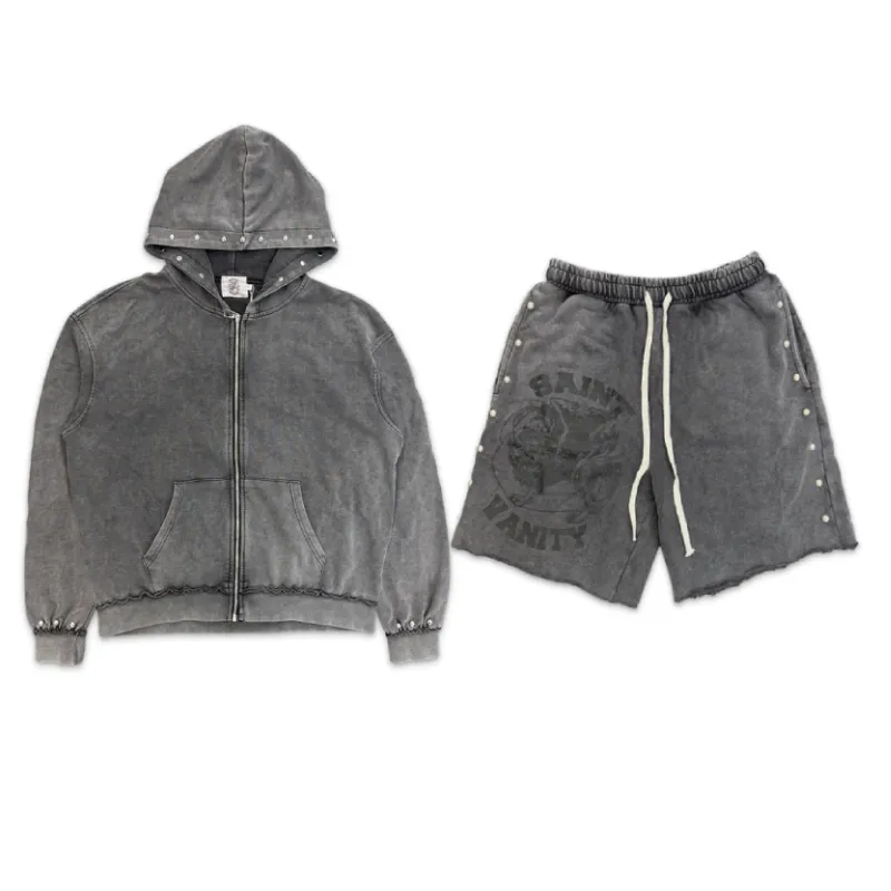 Saint Vanity Vintage Washed Grey Stud Zip Hoodie & Raw Hem Printed Shorts Matching Tracksuit