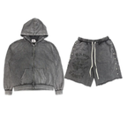 Saint Vanity Vintage Washed Grey Stud Zip Hoodie & Raw Hem Printed Shorts Matching Tracksuit