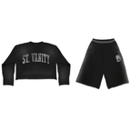Saint Vanity Retro Varsity Letter Black Cropped Long Sleeve &amp; Baggy Shorts Matching Set