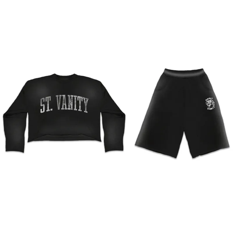 Saint Vanity Retro Varsity Letter Black Cropped Long Sleeve &amp; Baggy Shorts Matching Set